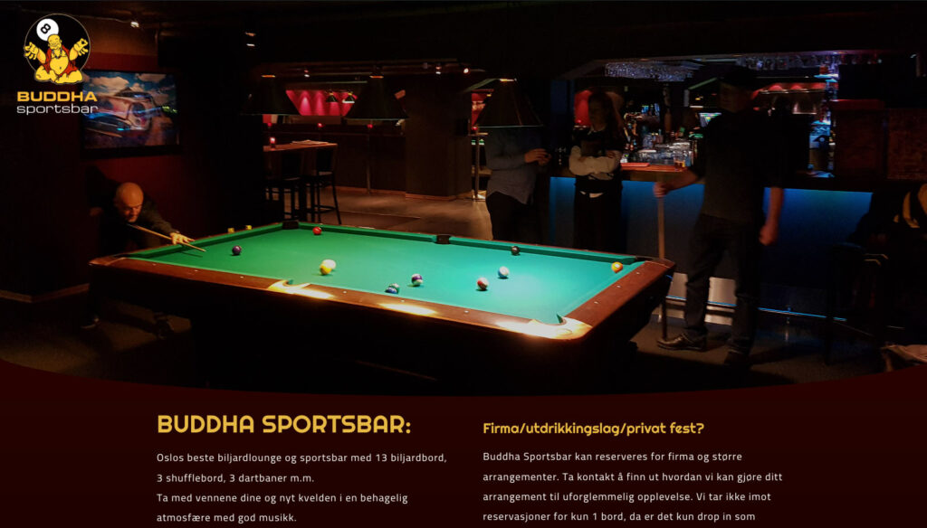 Skjermbilde av websiden til Buddha Sportsbar i Oslo laget av Inpercepta